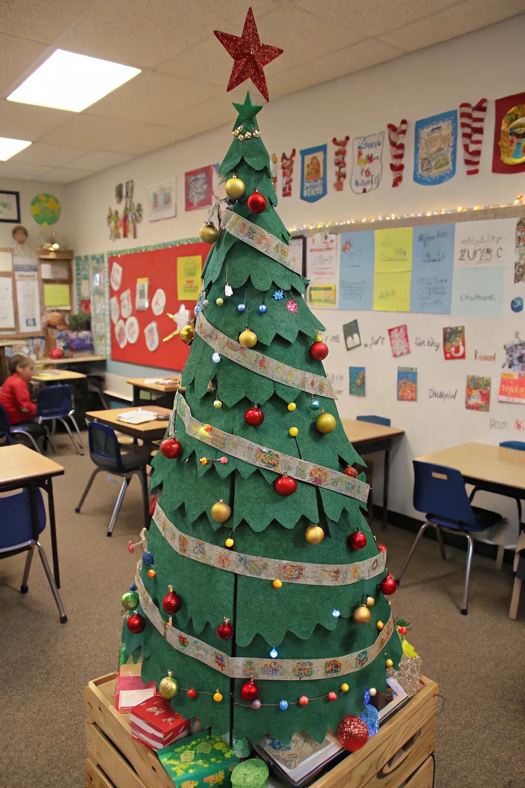 A creative art stick Christmas tree in a classroom