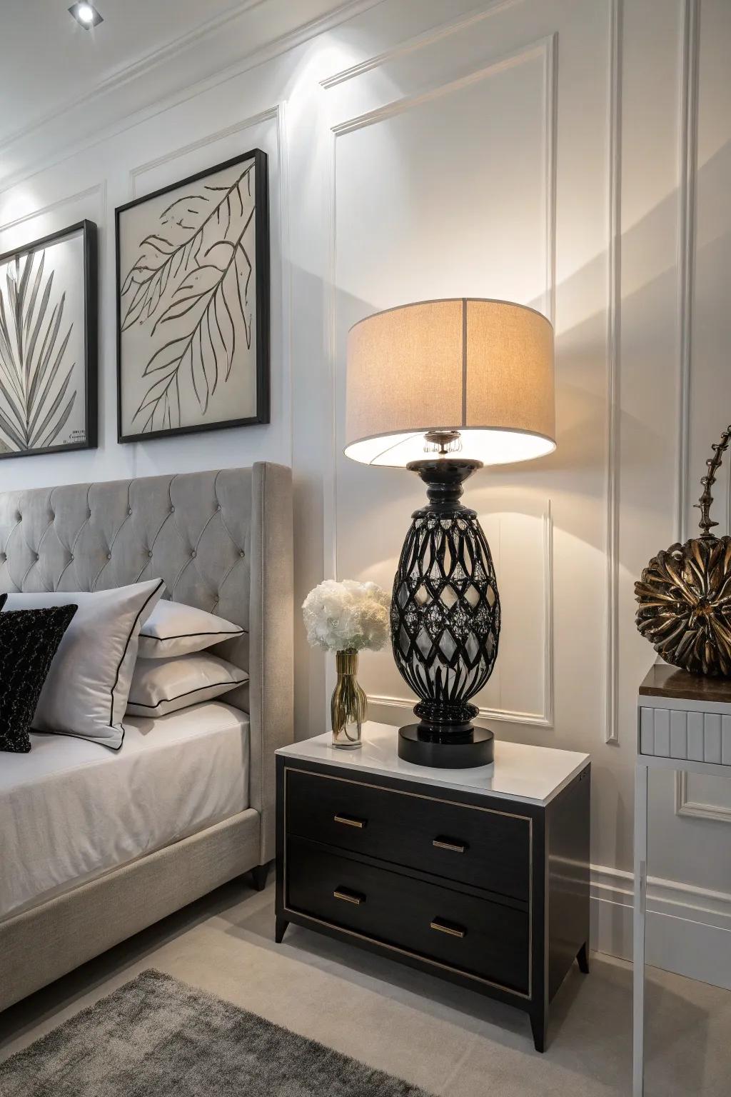 Artistic decor contributes an artistic element to this fashionable bedroom.