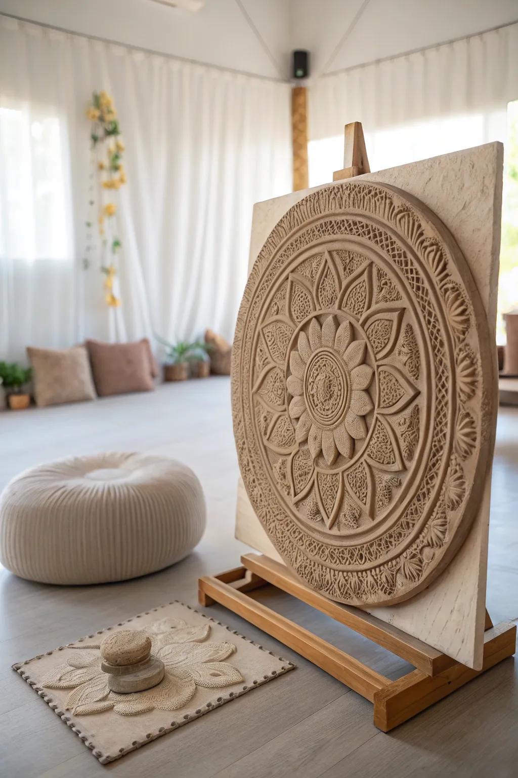 Intricate mandala clay relief sculpture, bringing tranquility into your home.