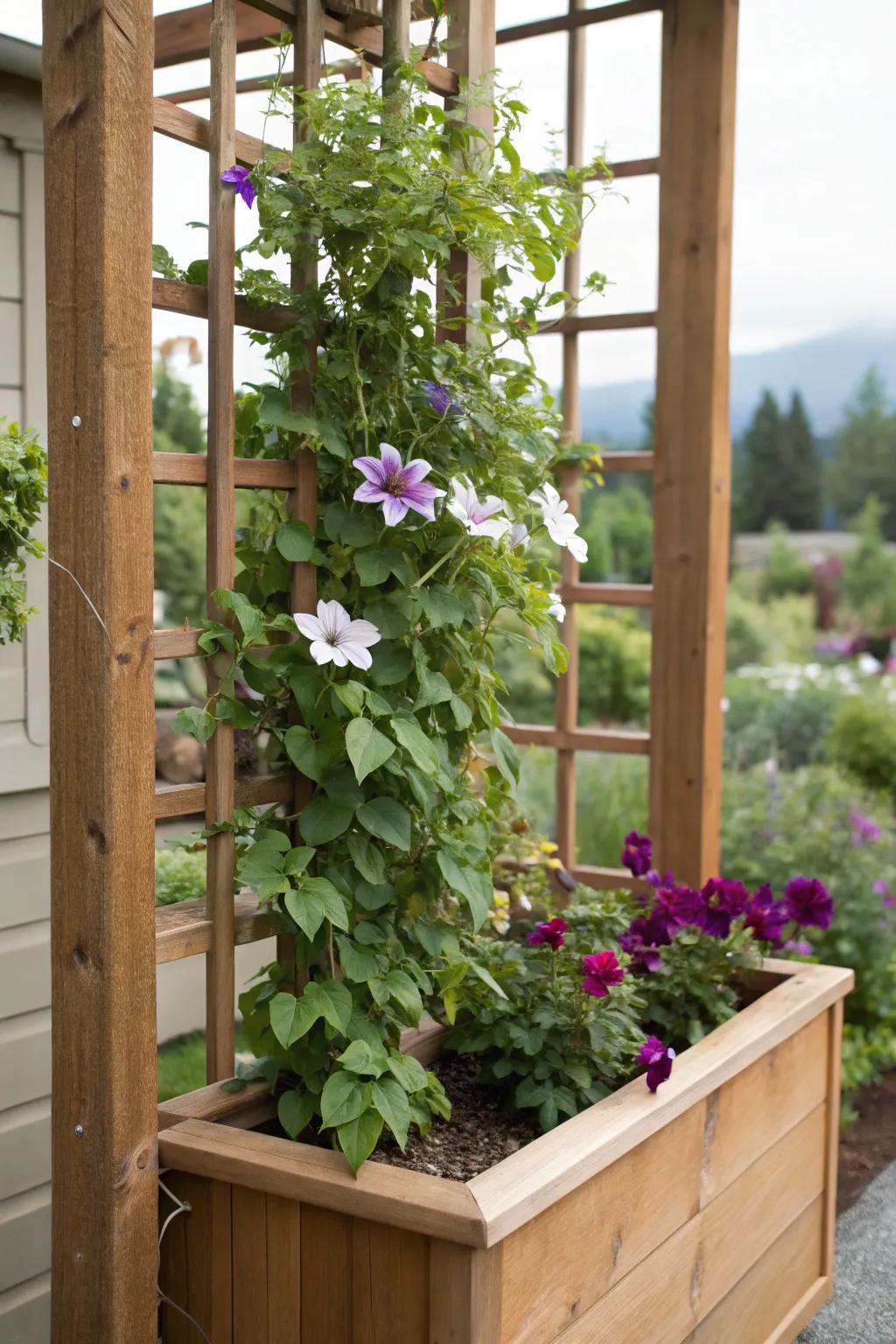 A trellis attached to a built-in planter efficiently optimizes space for clematis to flourish.