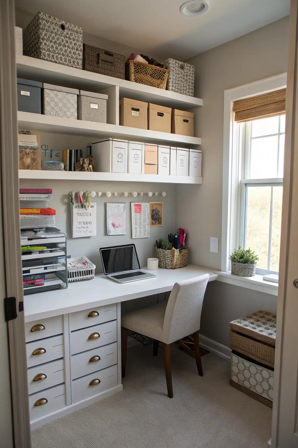 Increase storage by putting high shelves in your cloffice.