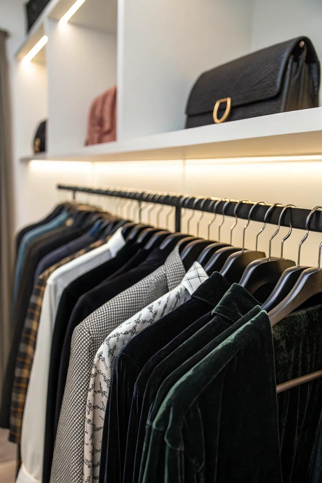 Optimize your closet space by using thin hangers.