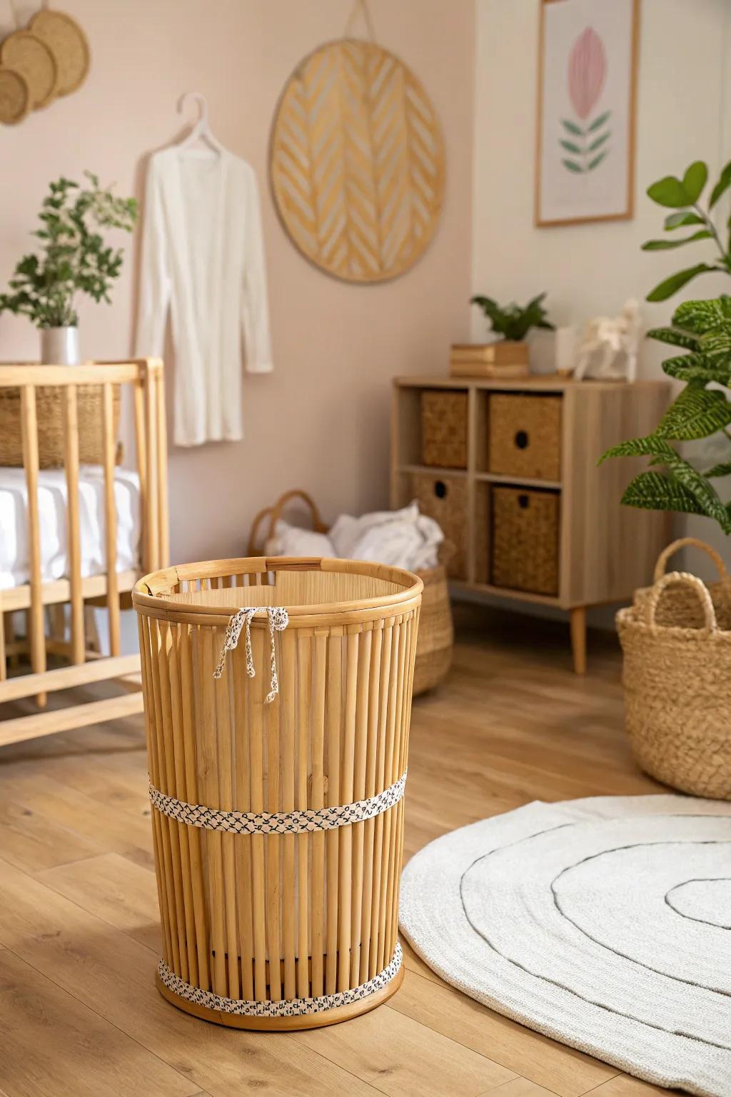 A bamboo bin adds a sustainable and antibacterial option for cloth diaper storage.