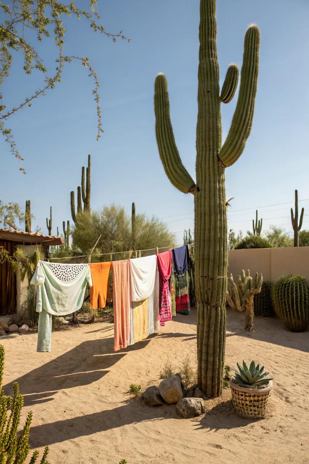 An artistic clothesline crafted like a cactus for a playful twist.