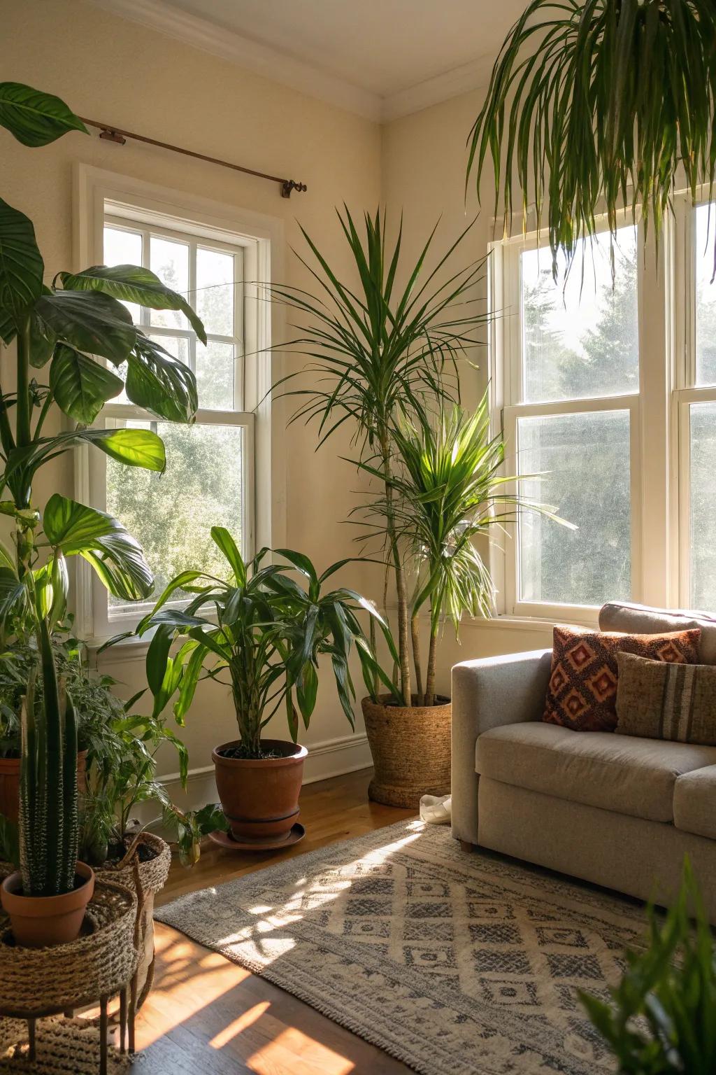 House plants introduce a lush, tropical element.