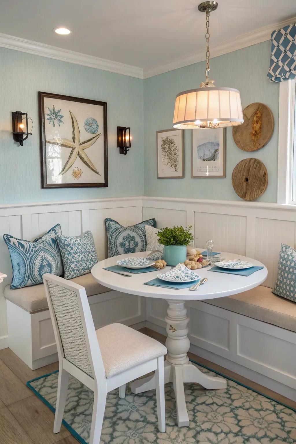 Bench seating creates a cozy corner in the dining area.
