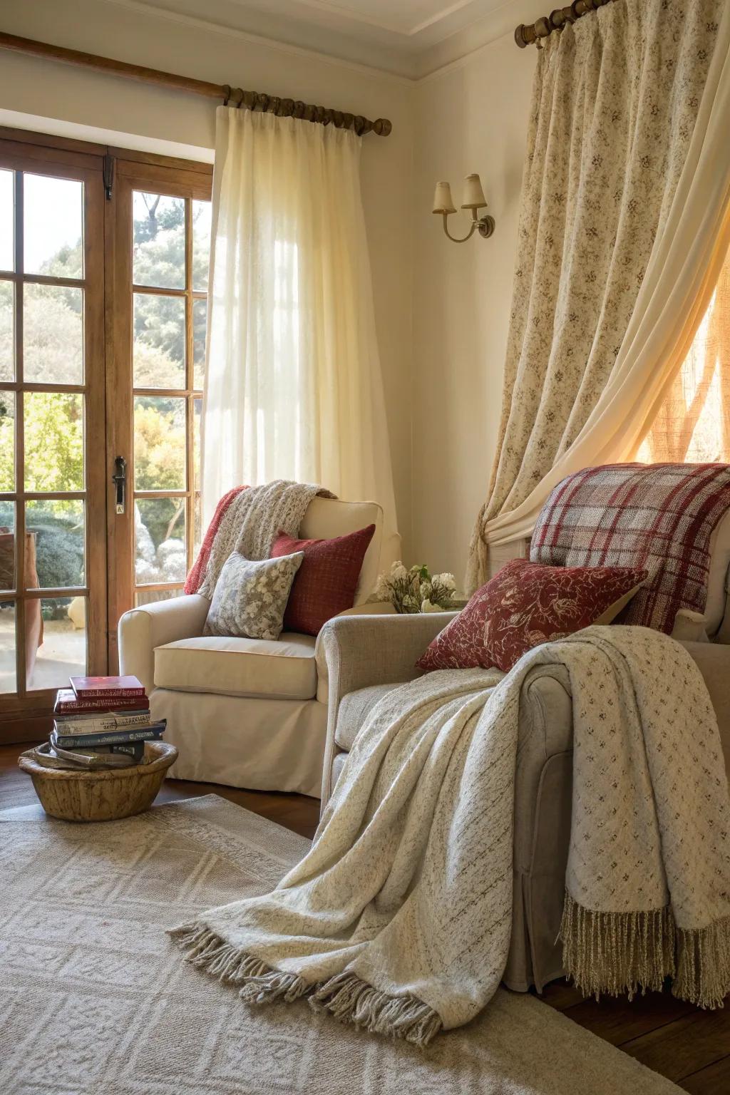 Textured textiles add depth and comfort to seaside farmhouse d&eacute;cor.