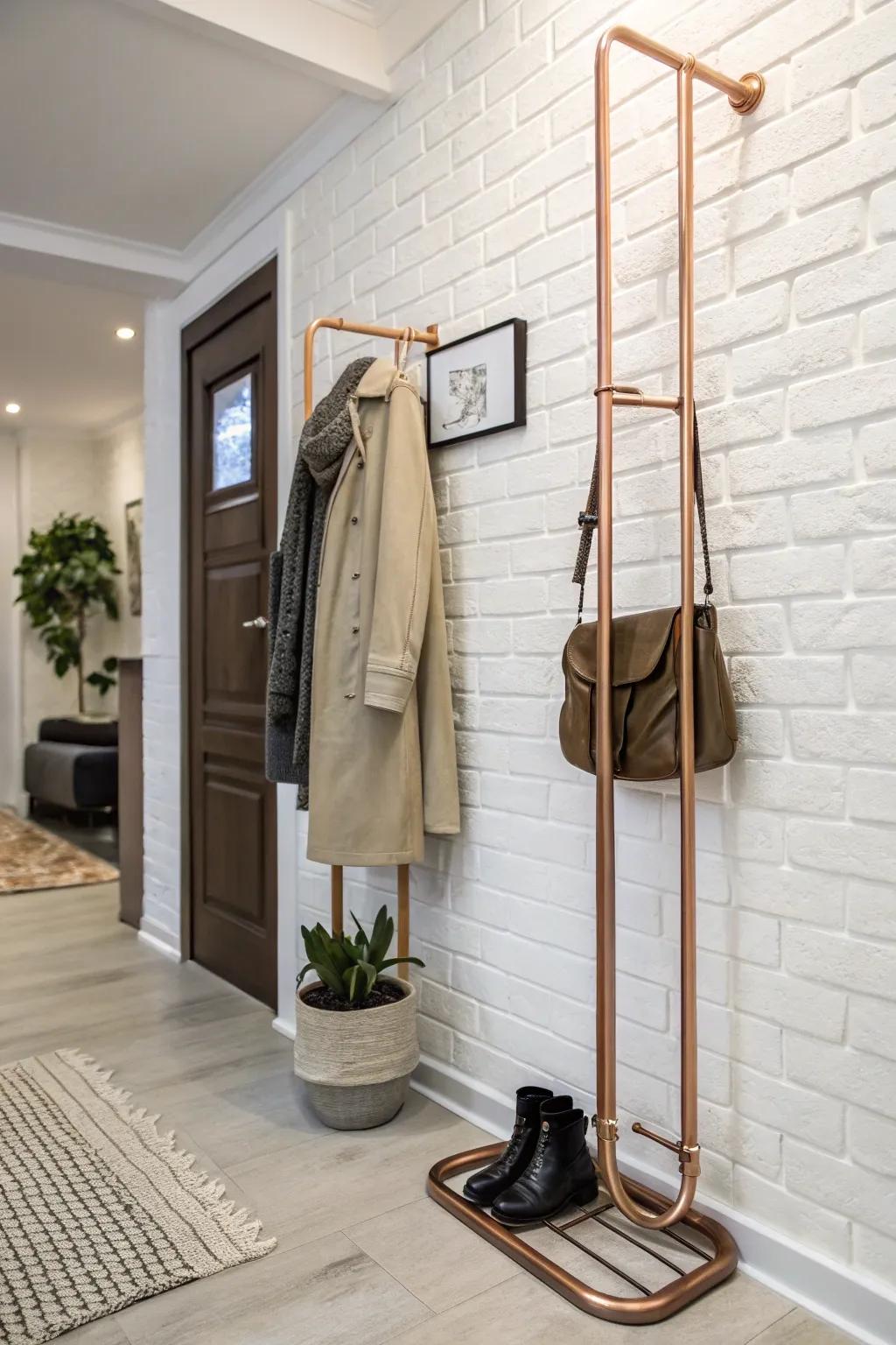 A copper tubing hanger incorporates sophistication and warmth to this elegant entrance.