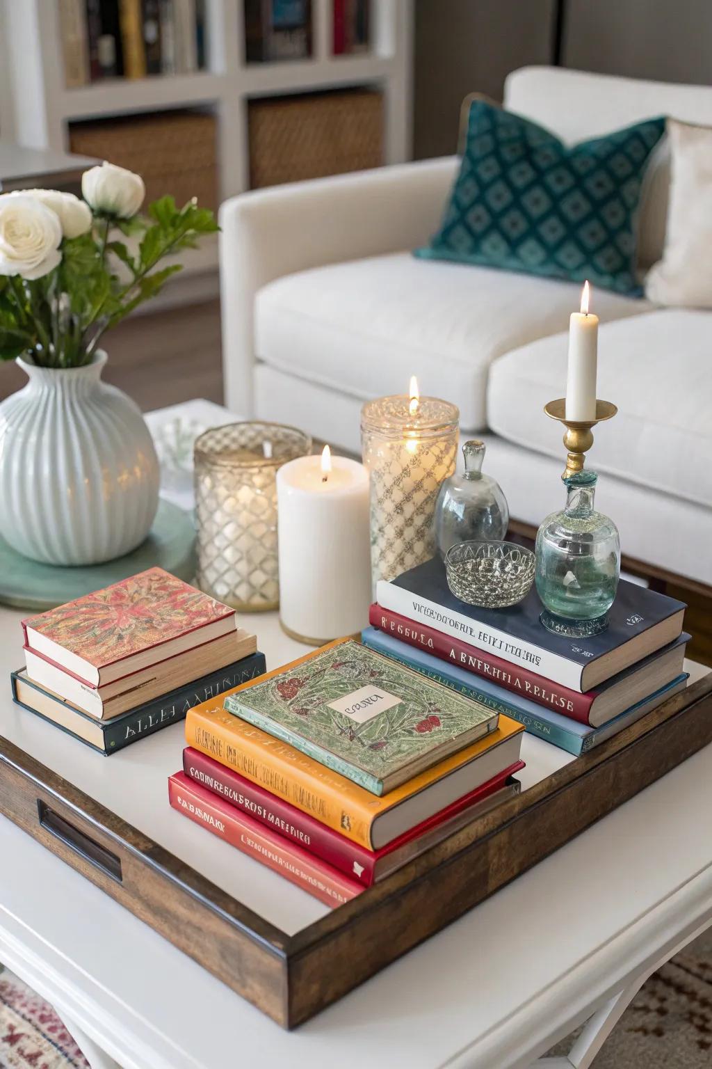 Symmetry brings a sense of order and balance to your coffee table setup.