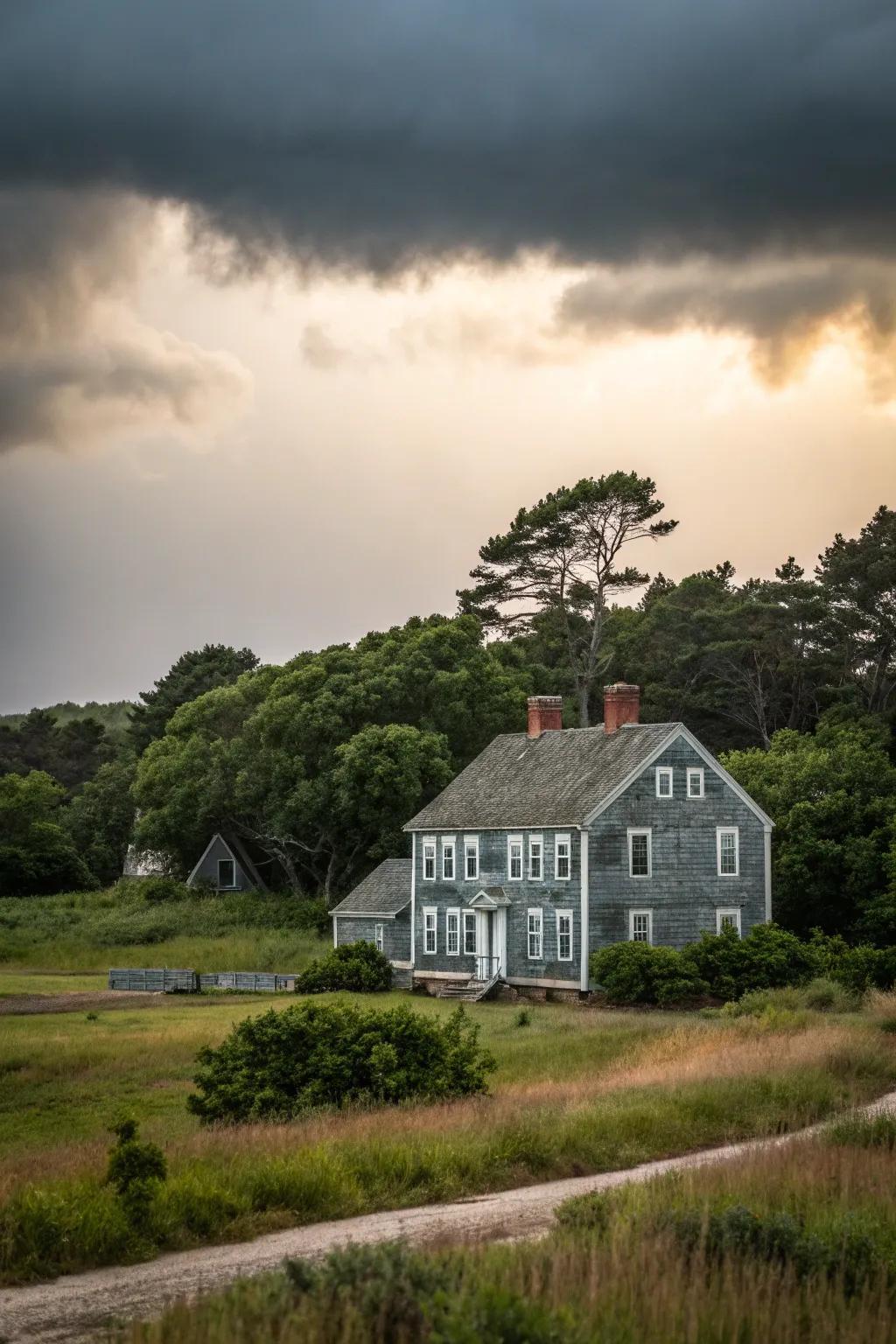 A colonial house with an ethereal gray frontage, blending seamlessly with its surroundings.