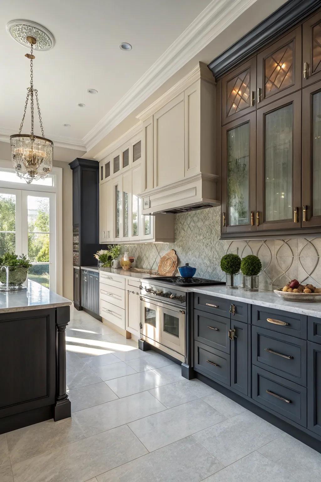 A kitchen featuring striking two-toned cabinets for a visually interesting and sophisticated design.