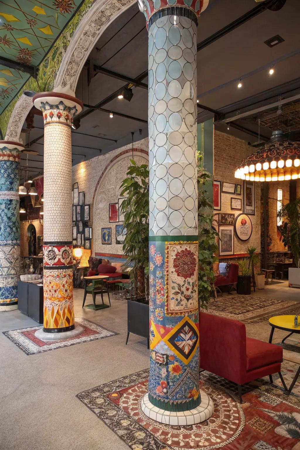 Tiled columns bringing vibrant artistry into an eclectic interior.