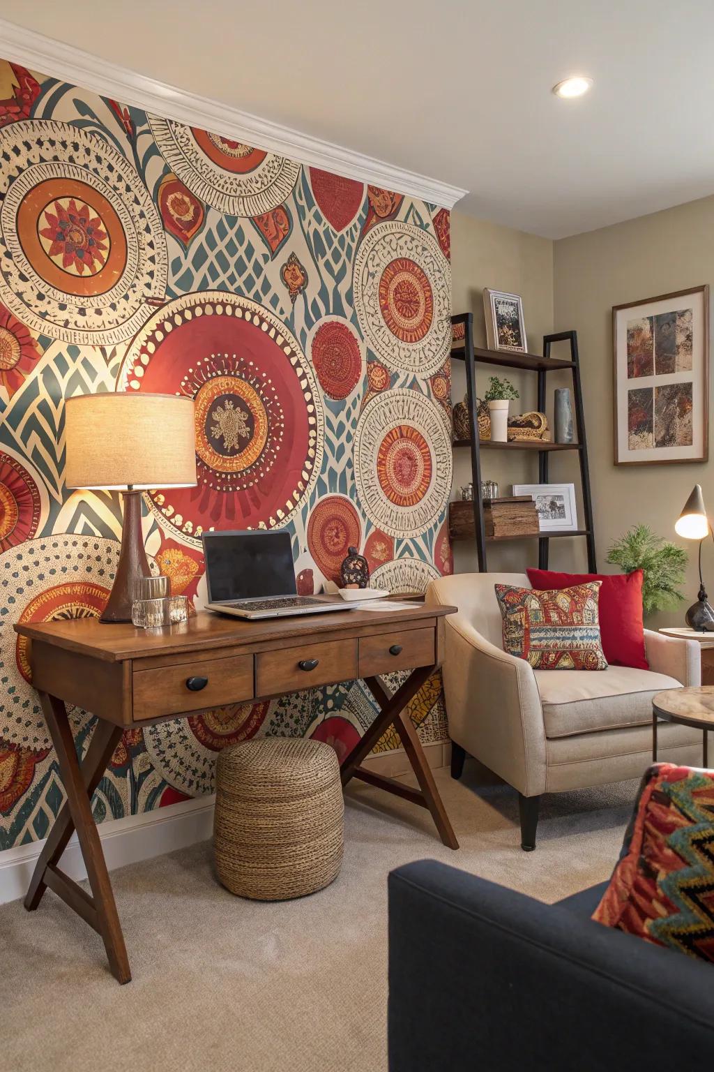 A statement wall adds personality to the workspace.