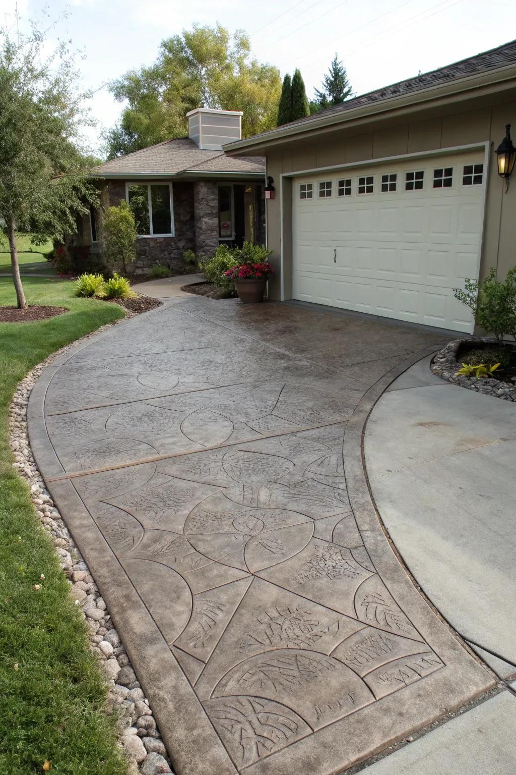 A strong and stylish stamped concrete border enhances this driveway.