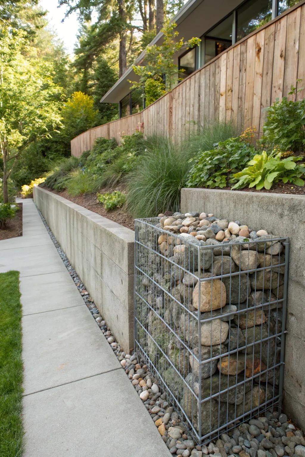 Gabion walls provide a modern industrial touch.