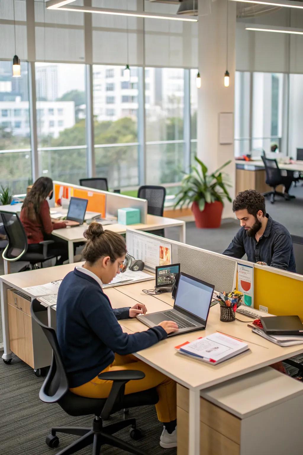 Collaborative spaces encouraging teamwork and creative thinking.