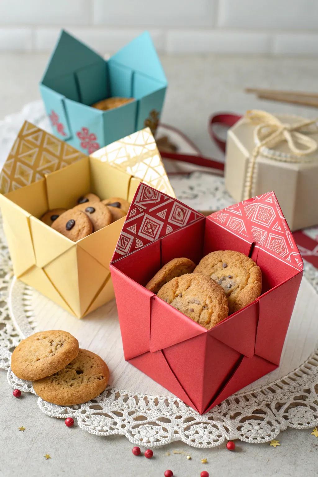 Artisan paper-crafted boxes introduce an artistic element to cookie presentation.