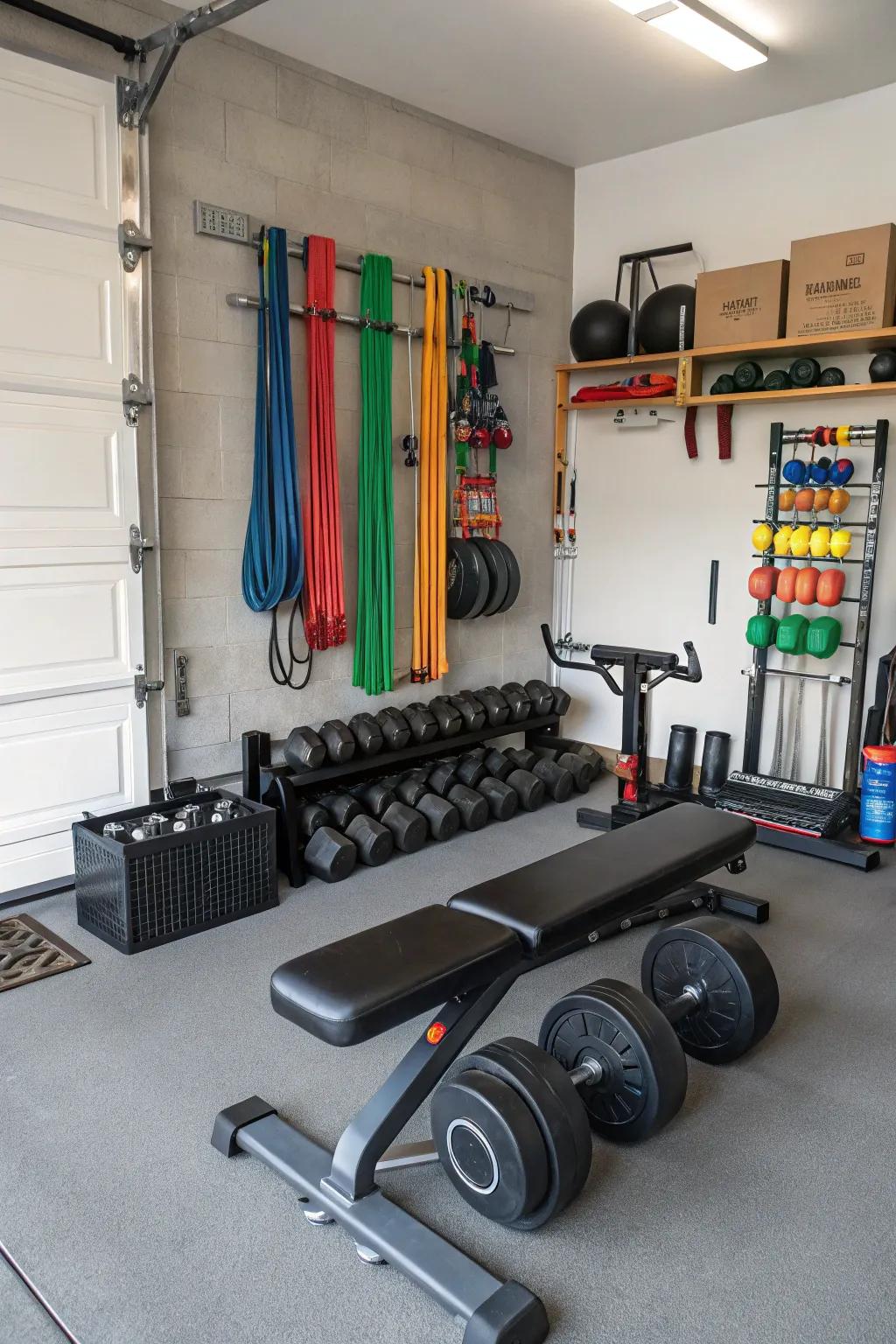 A home gym in the garage makes fitness easily accessible and convenient.