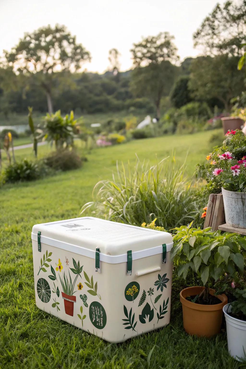 A cooler showcasing eco-friendly decals in a vibrant garden.