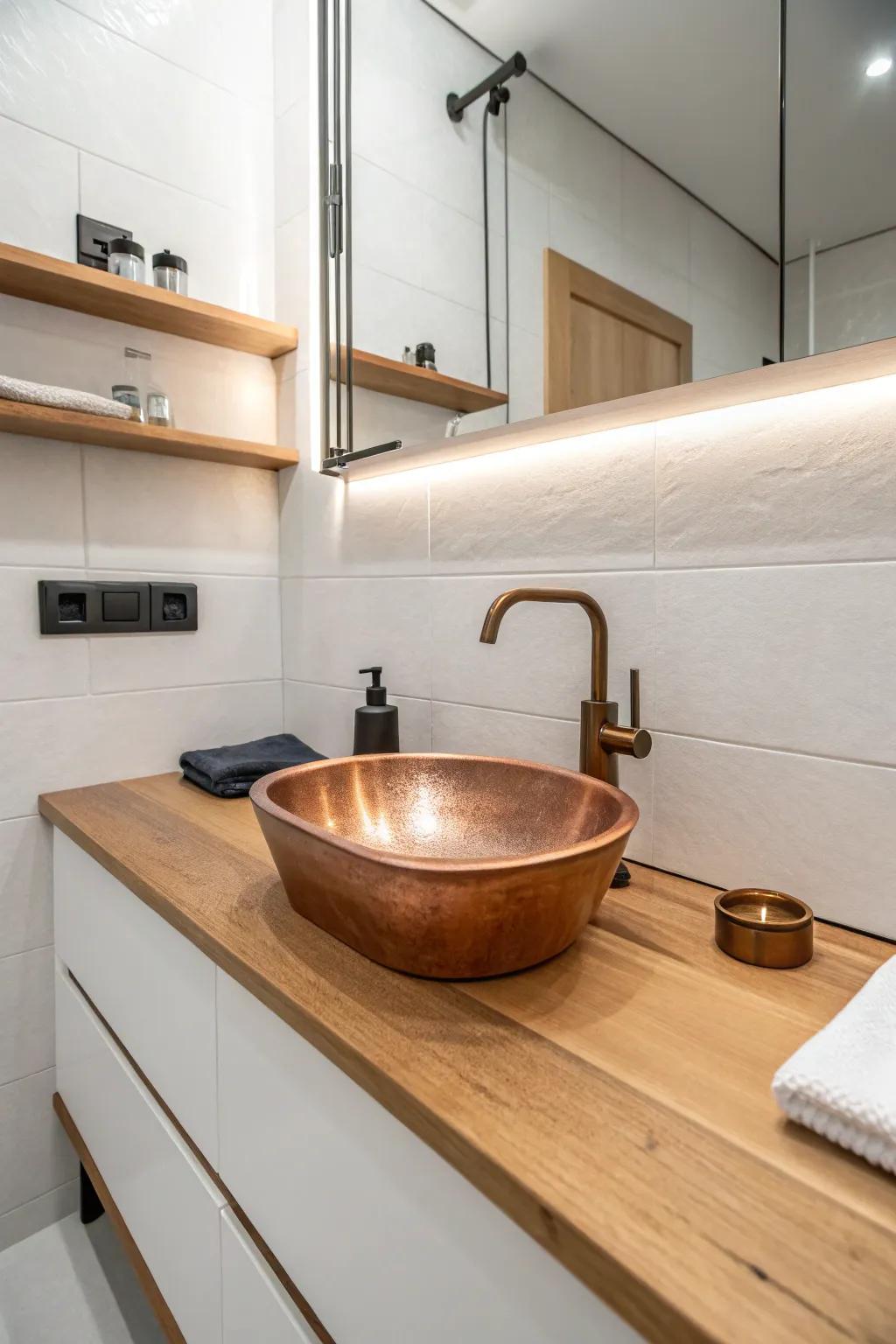 An under-counter bronze basin blends effortlessly into the sleek design of this minimalist bathroom.