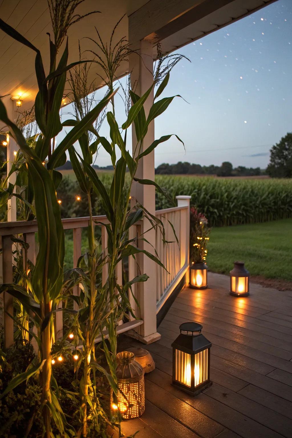 Make a comfortable and appealing ambiance through dried corn stalks with lanterns.