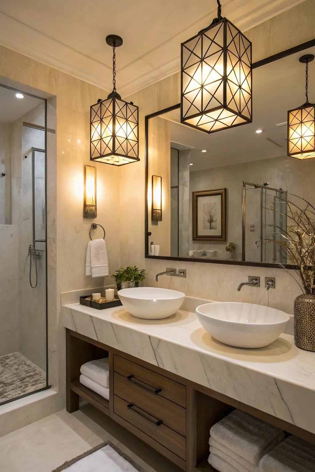 Elegant lighting enhances the ambiance of bathroom corners.