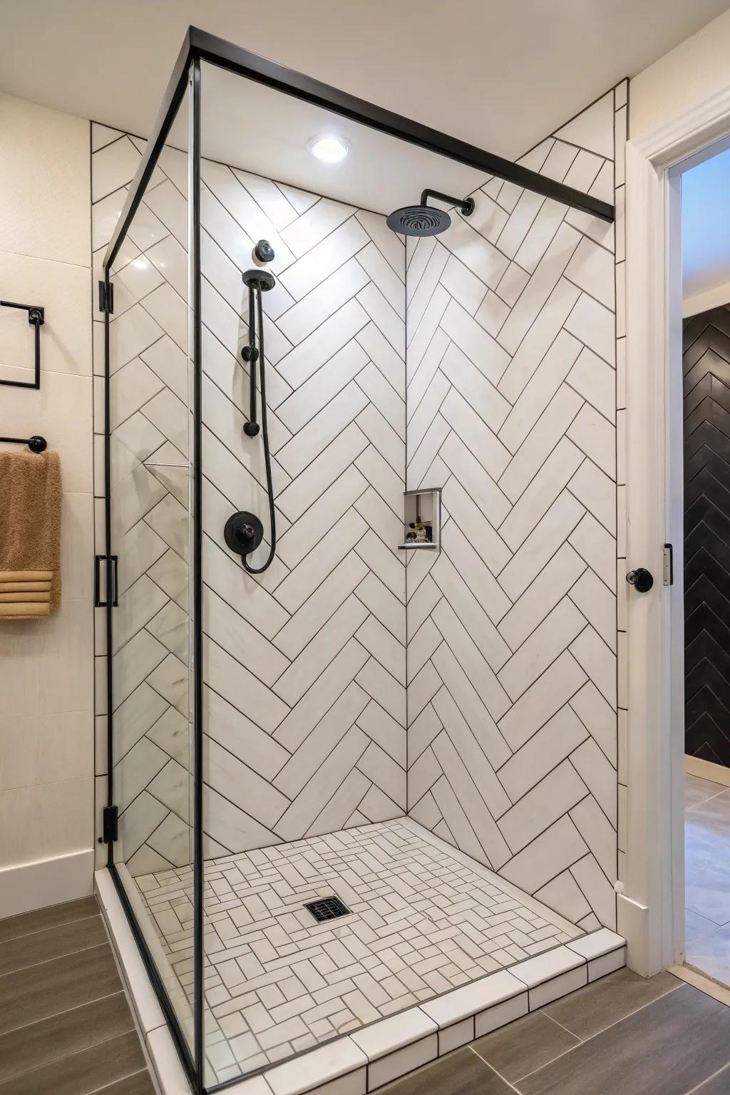 Inclined tile configurations contribute dynamic motion to your shower space.