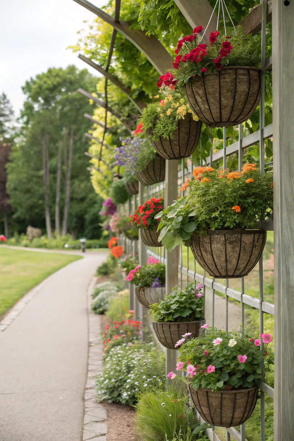 A trellis improved through hanging soil beds of herbs.