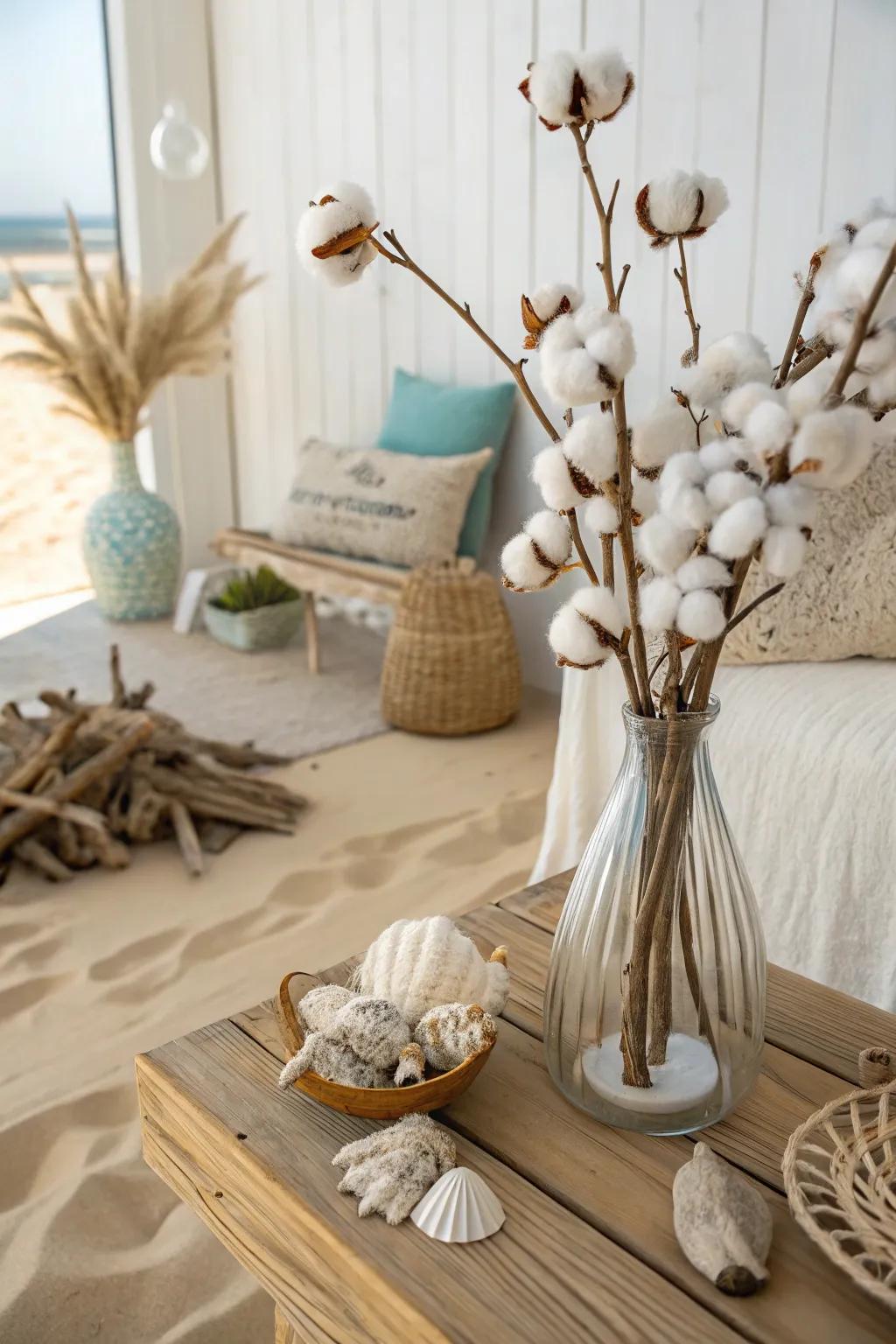 Beachy vibes featuring cotton stems and coastal elements.