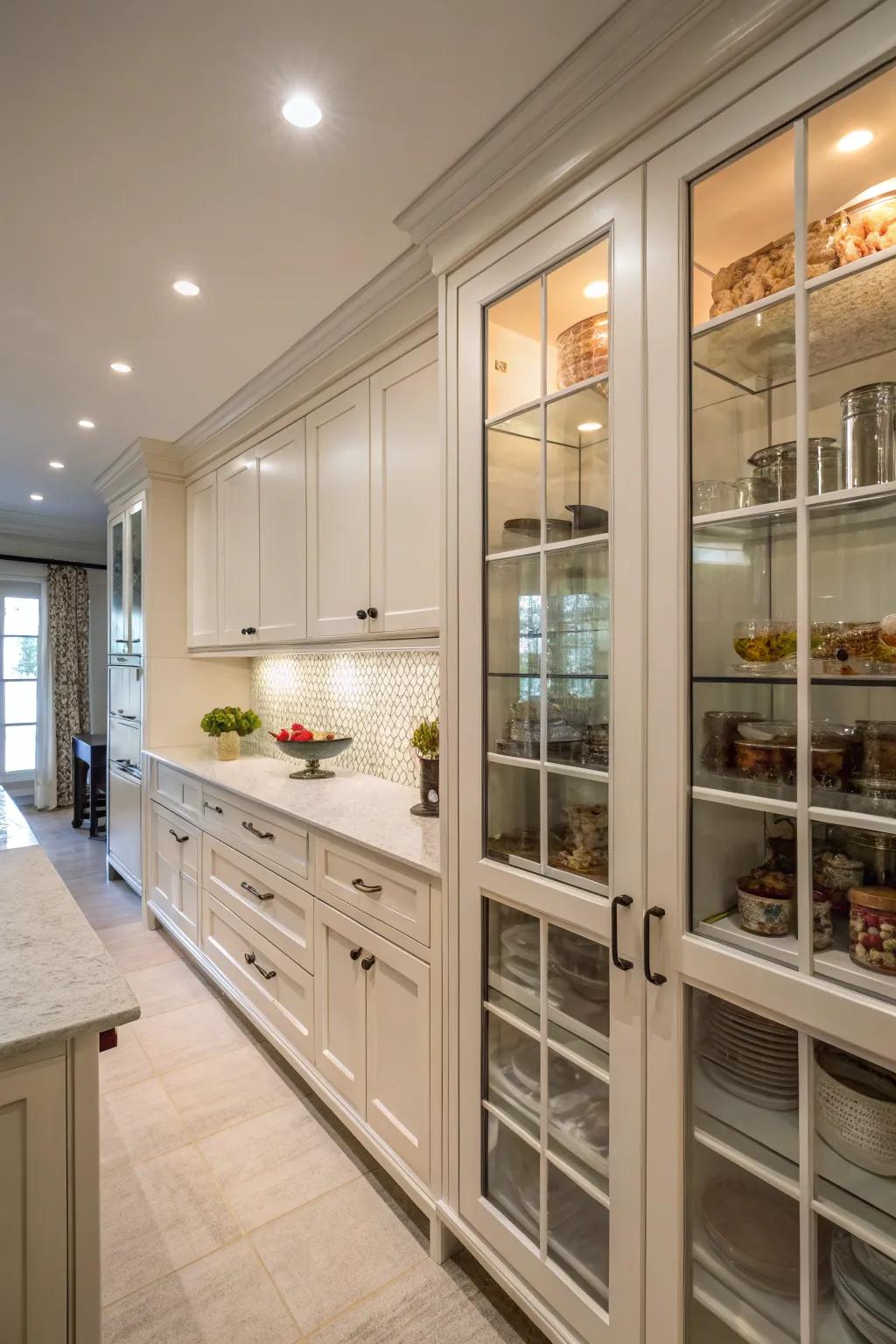 Sophisticated glass accents in end caps lending a touch of elegance.