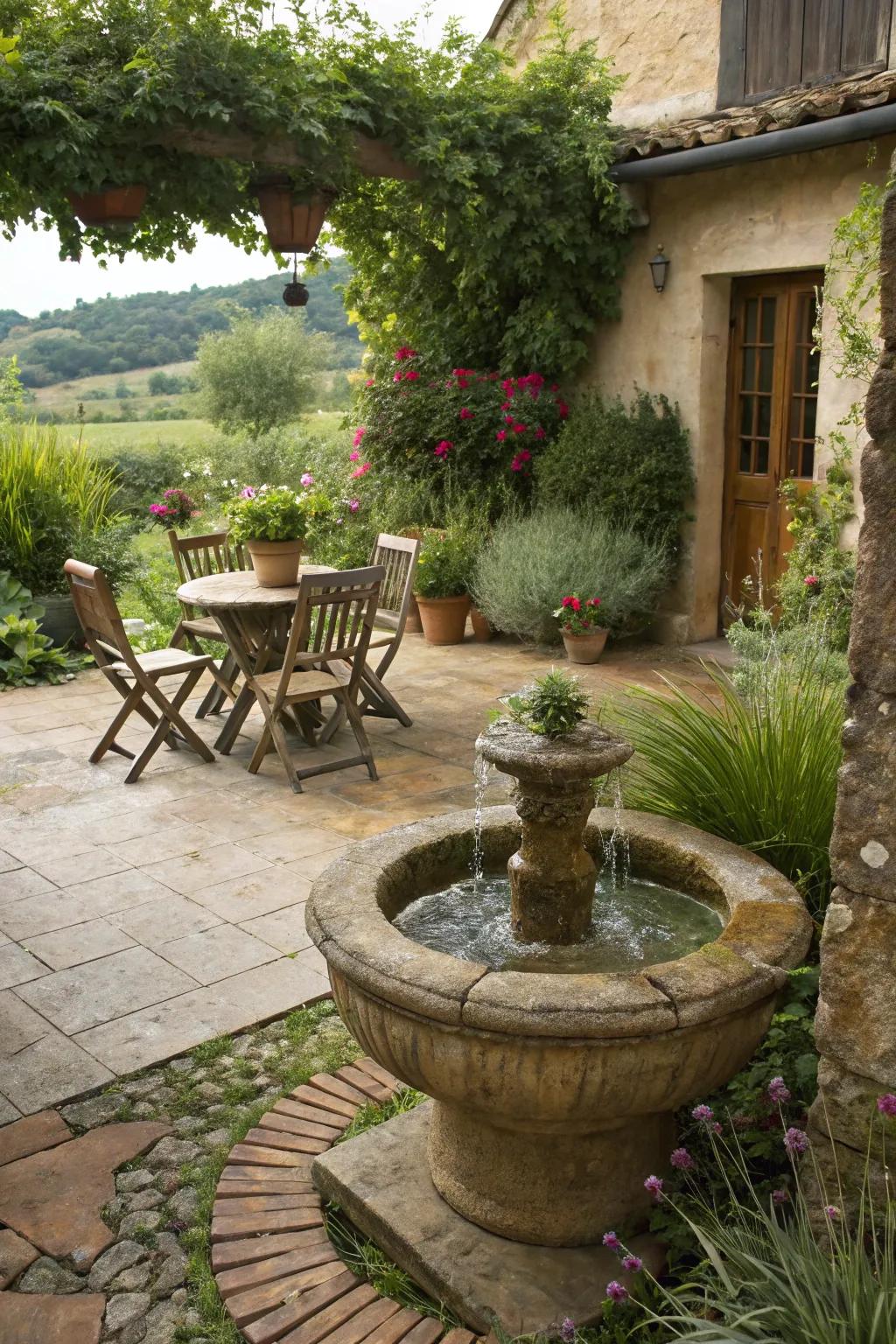 A water feature provides peace and beauty.