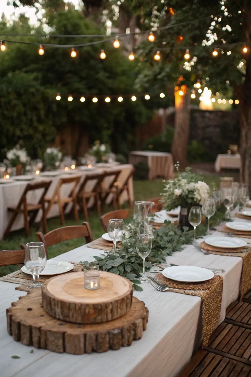 Unrefined wedding tables featuring timber embellishments and understated glassware.