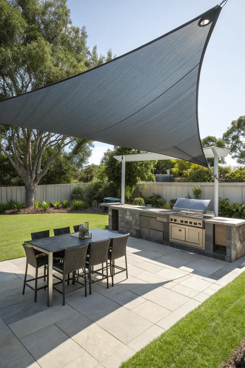 A simple shade sail offering stylish cover for a grilling area.