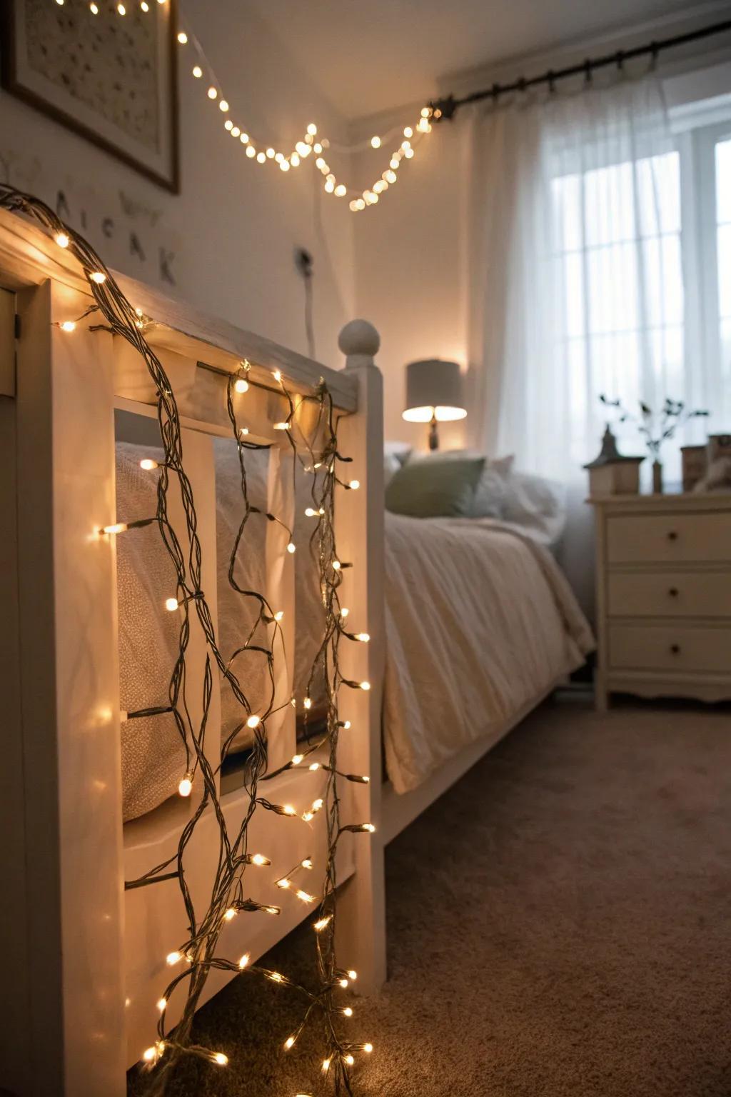 Twinkle lights wrapped near the bottom of the bed frame.