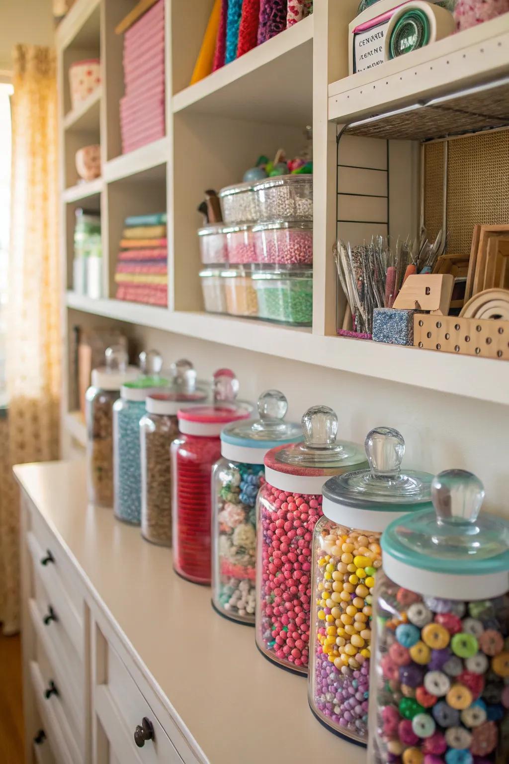 Jars keep small items organized and within easy reach.