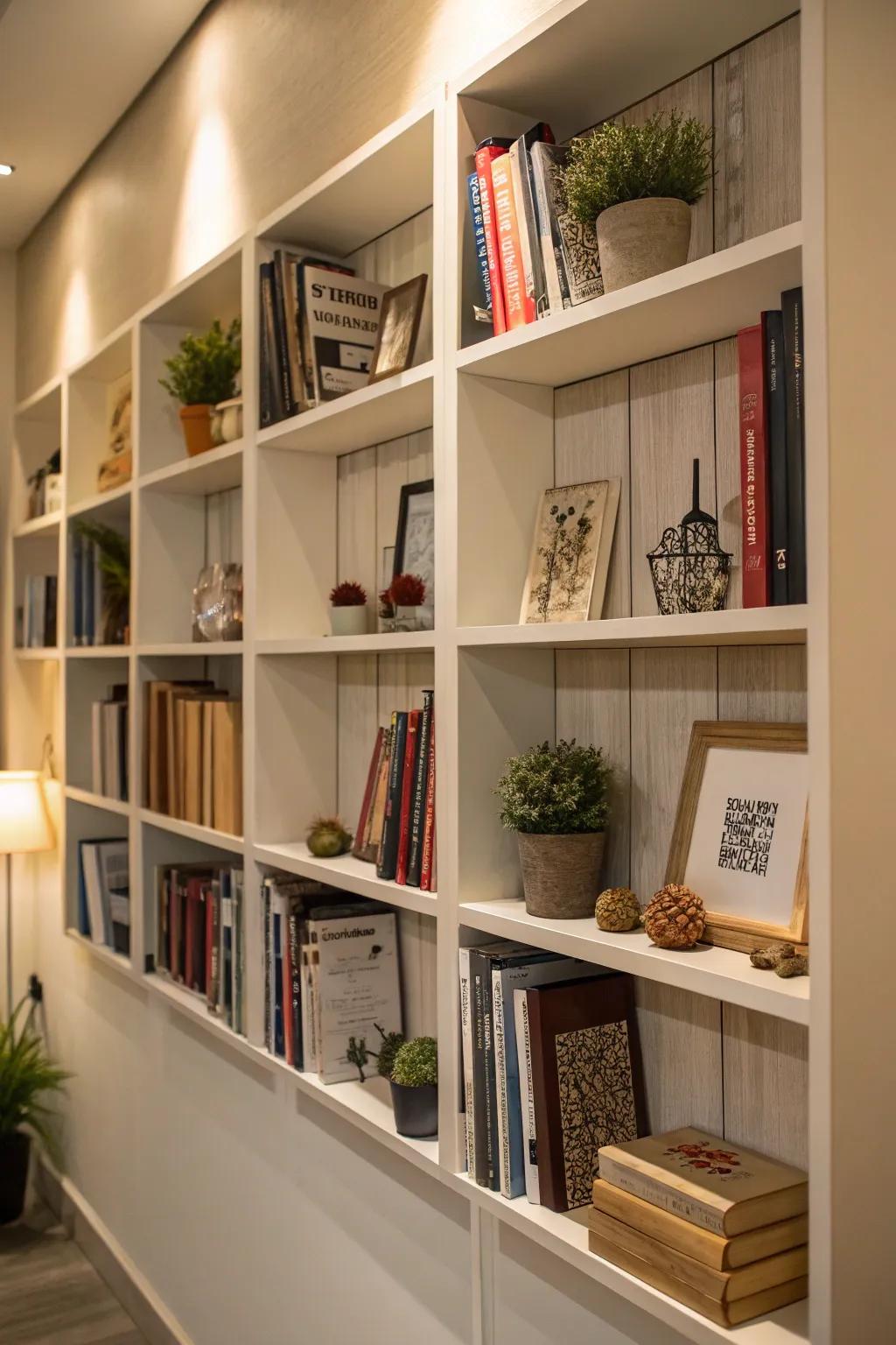 Compartment shelves offer orderly and visually pleasing book storage.