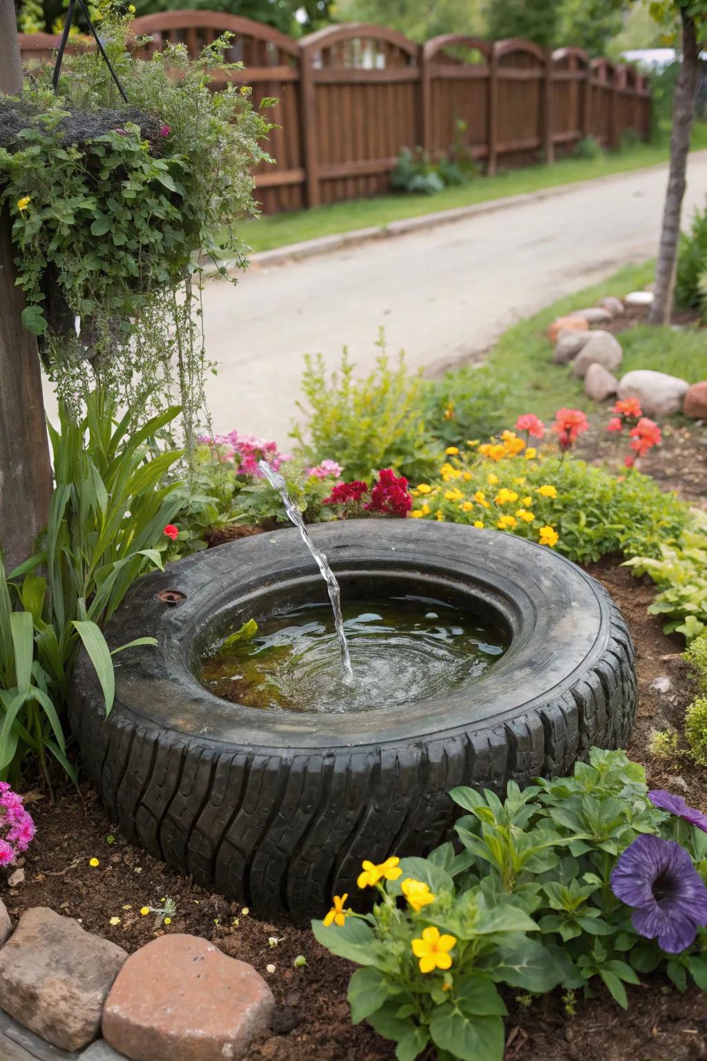 Peaceful water feature employing a tire as the focal point.
