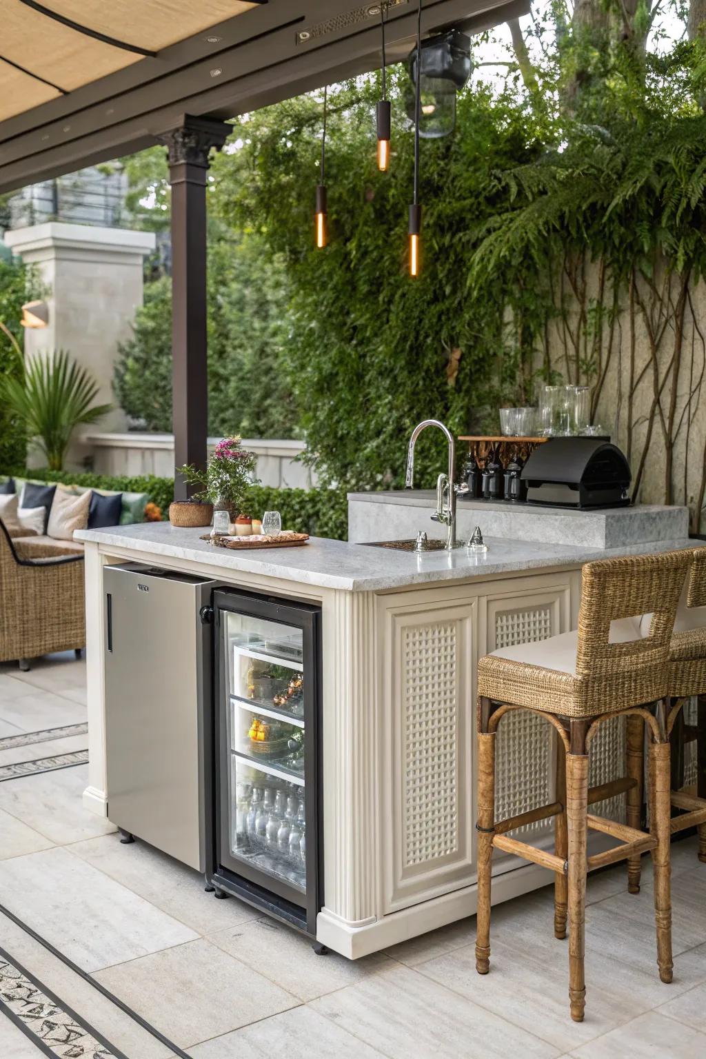 Functional attributes introduce convenience to this elegant outdoor bar.