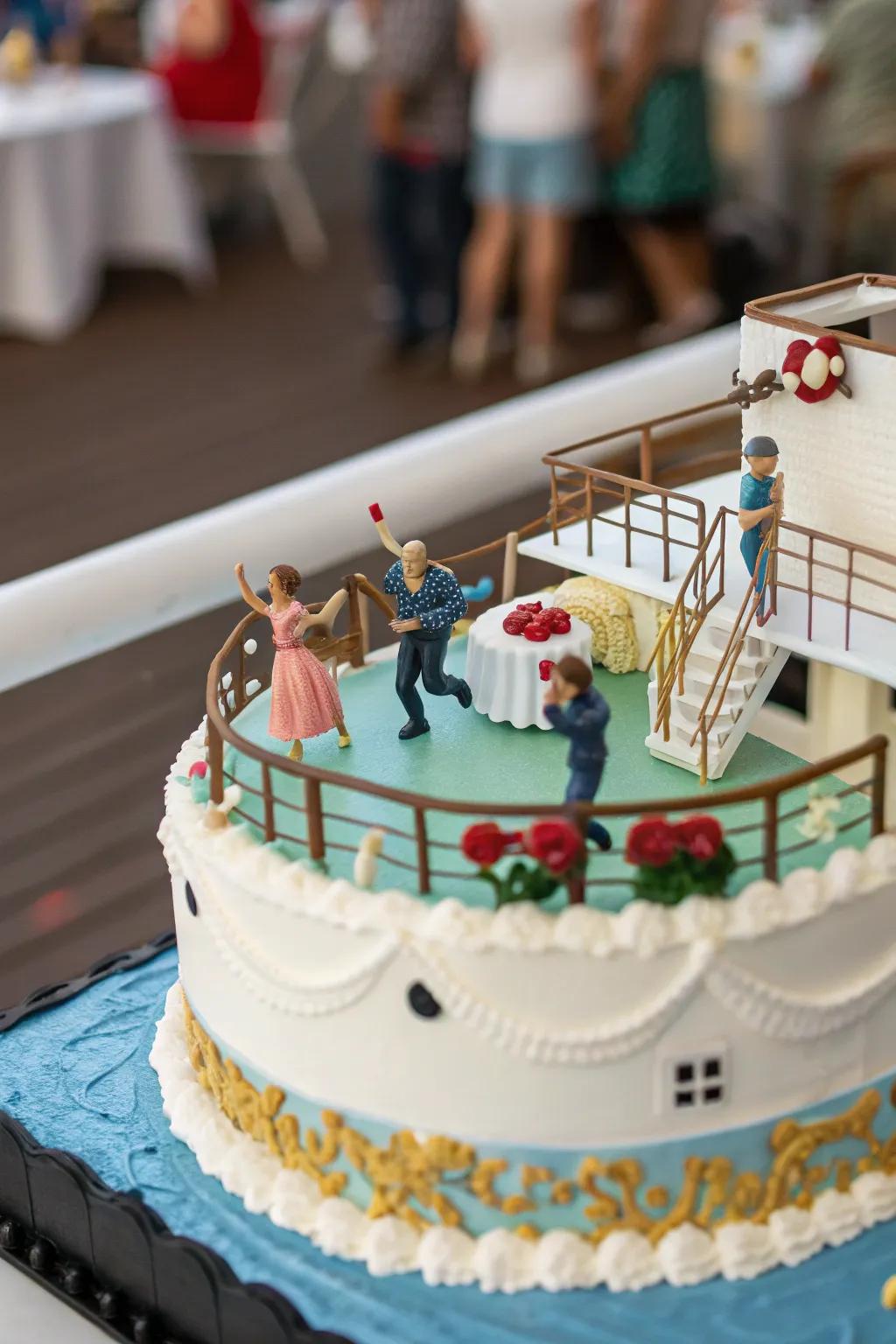A lively deck gathering scene adds character to this cake.