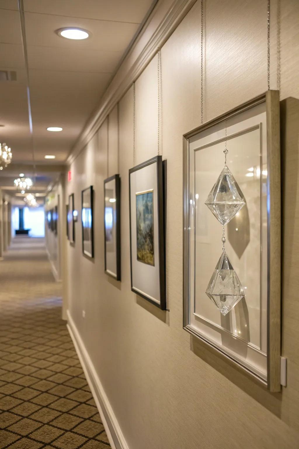 Framed crystals creating unique wall art.