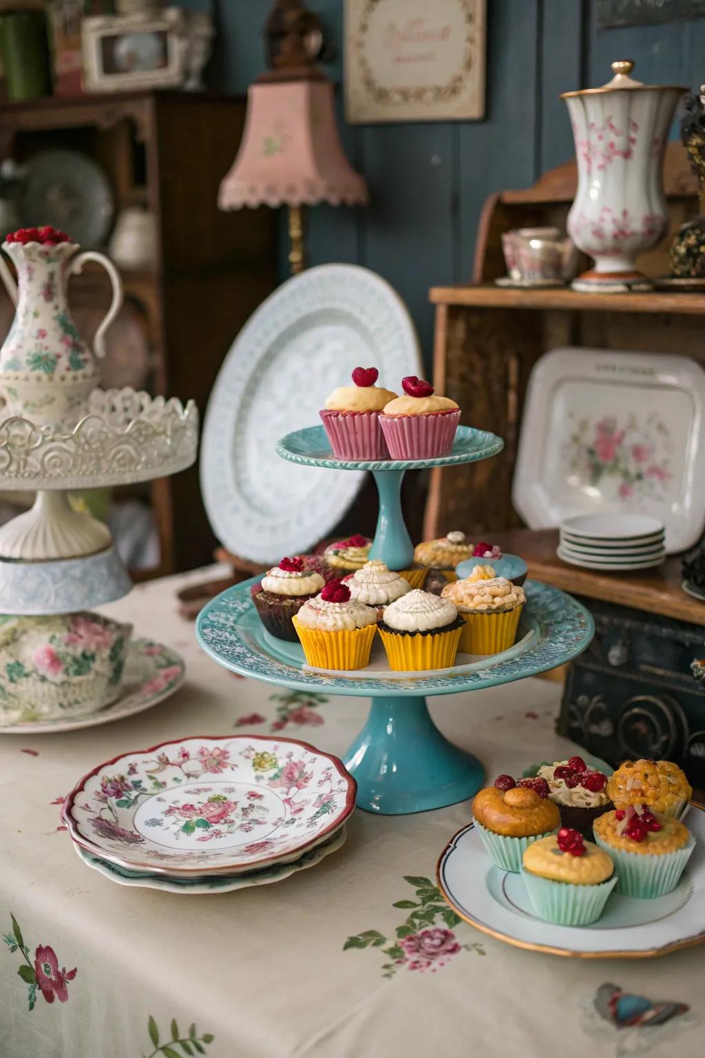 Vintage elements lend nostalgic charm to this cupcake display.