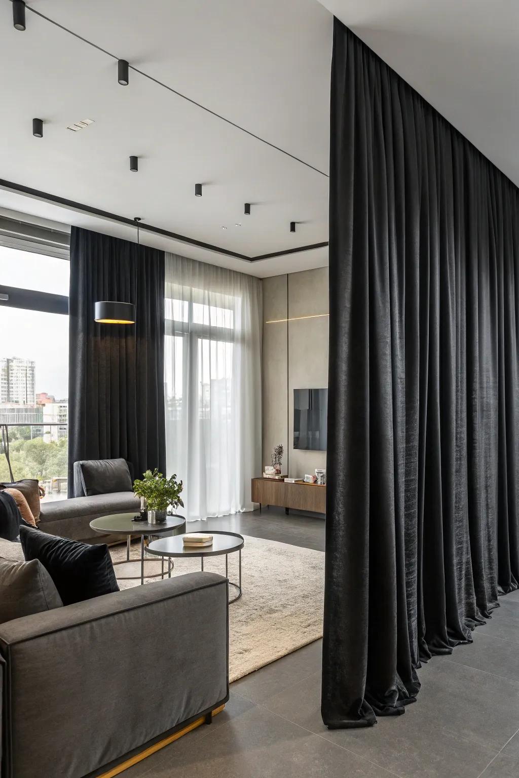 Dramatic black curtains create a modern statement.