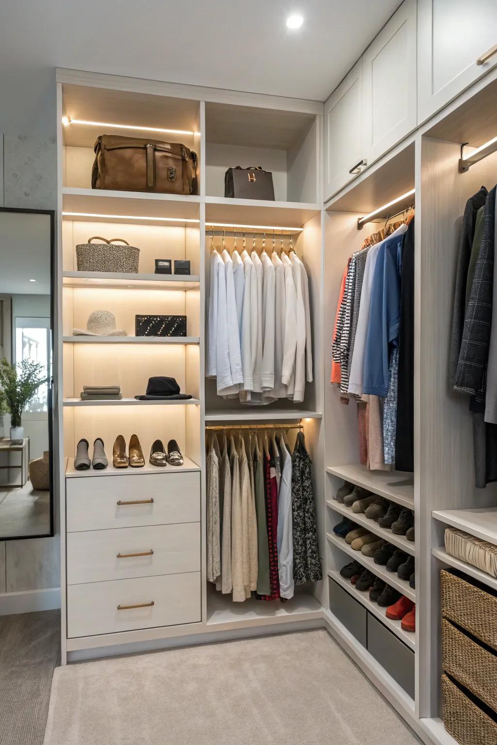 Exposed shelving blends accessibility with design.