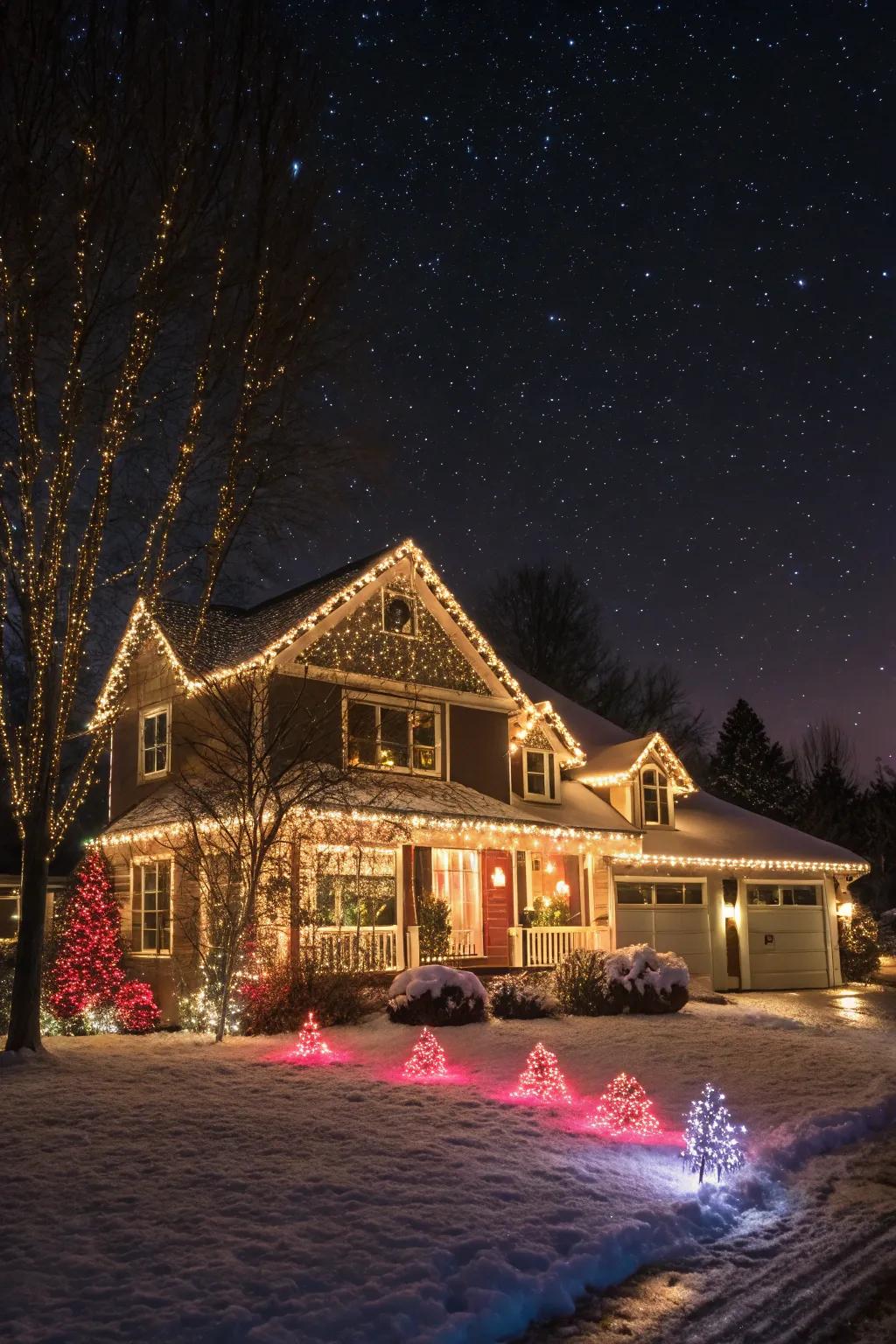 A dazzling holiday illumination display enchants the neighborhood.