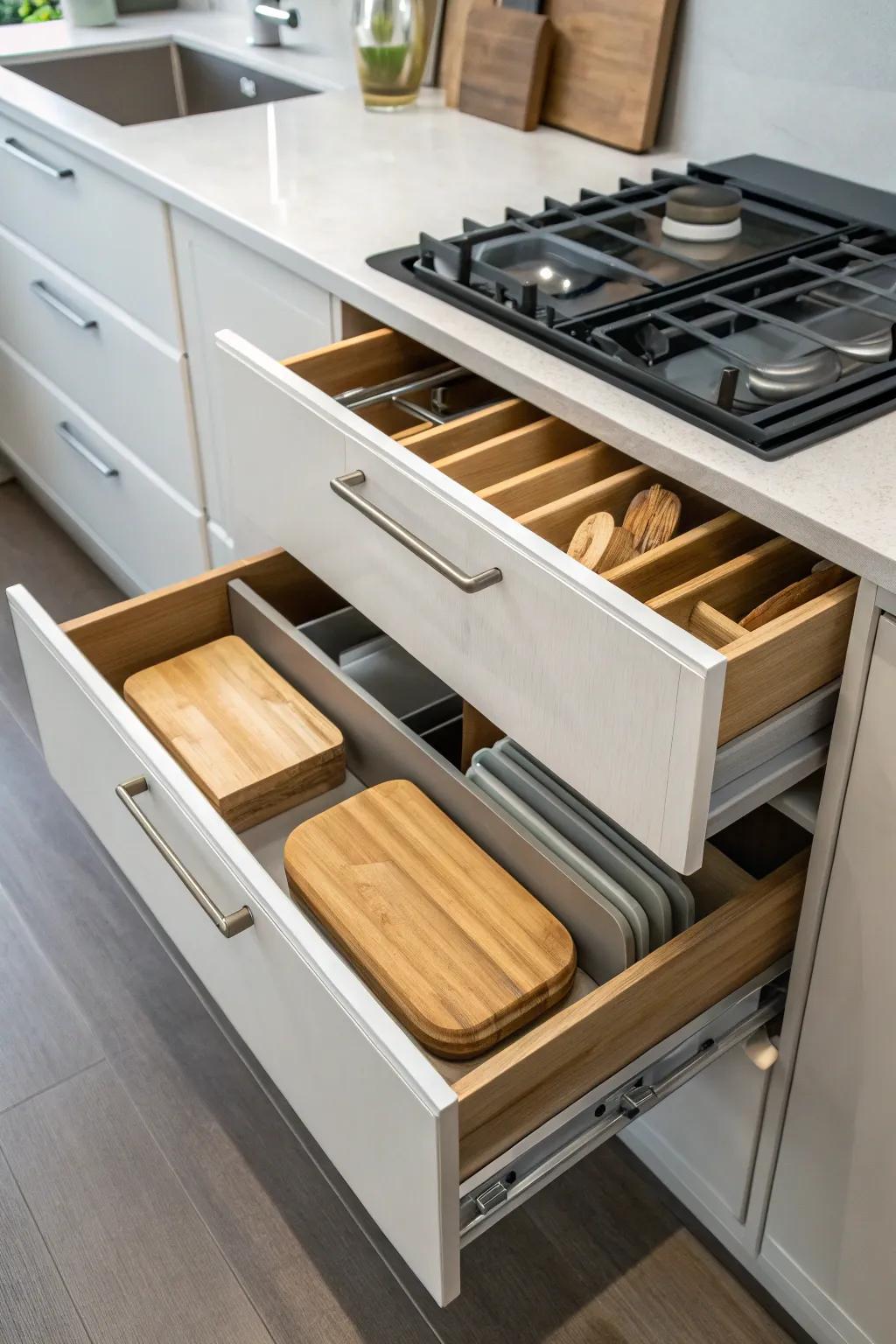 Drawer storage with walls for chopping blocks.