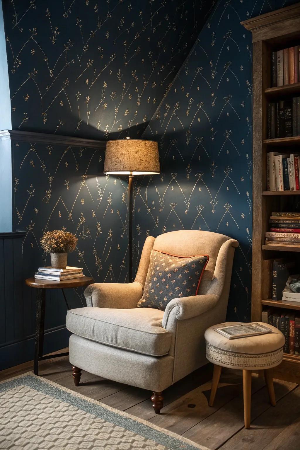 Deep blue shades create a moody, elegant ambiance.