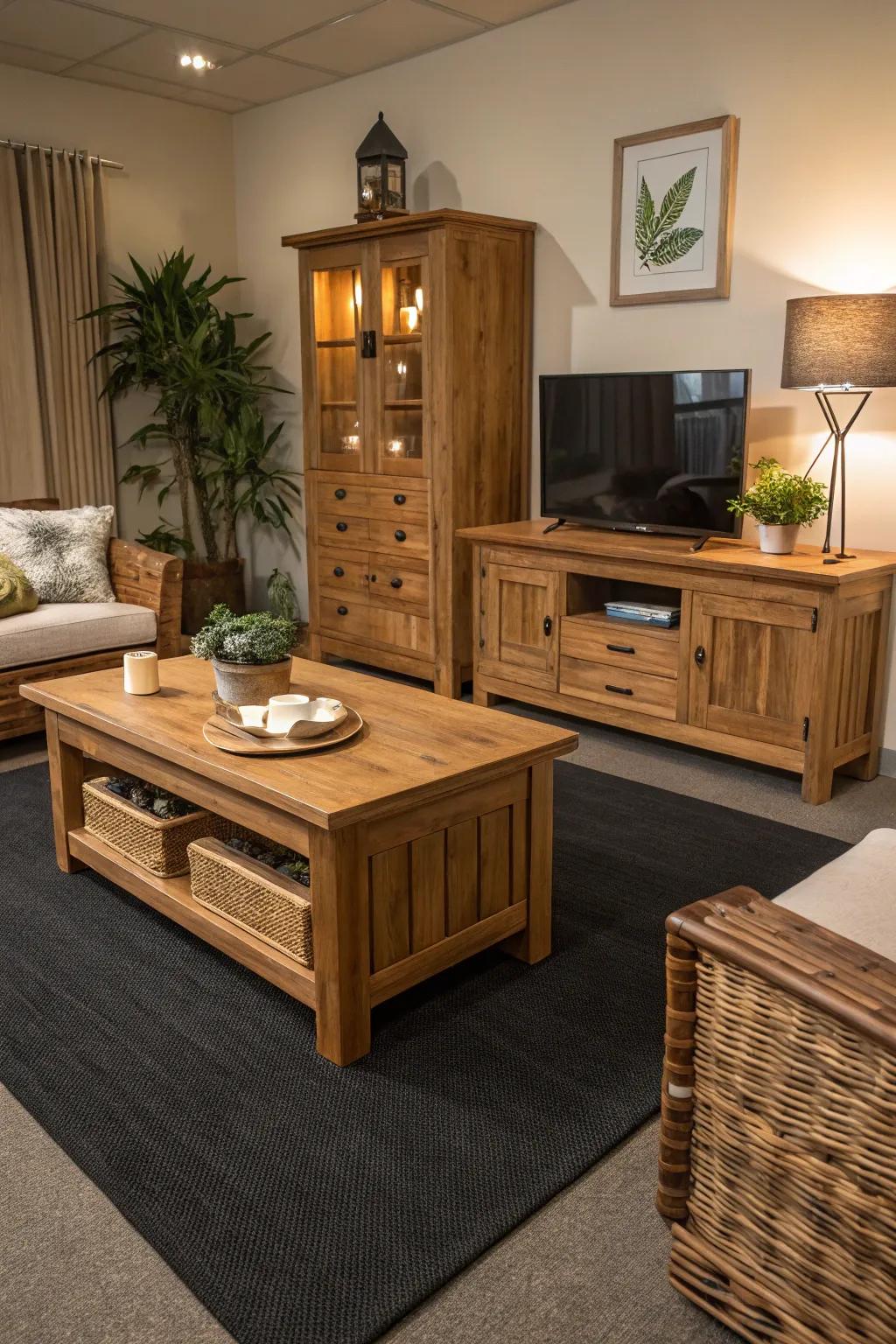 Natural items complement the beauty of a dark floor covering.