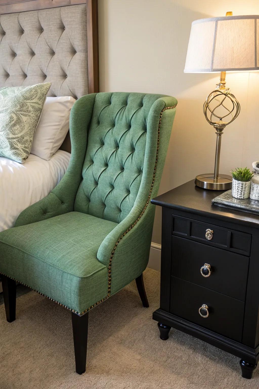 A green tufted chair introduces a pop of color.