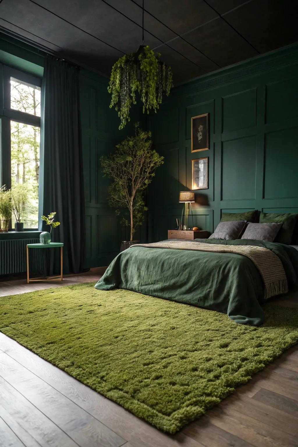 A dark green bedroom featuring a cozy forest green floor rug.