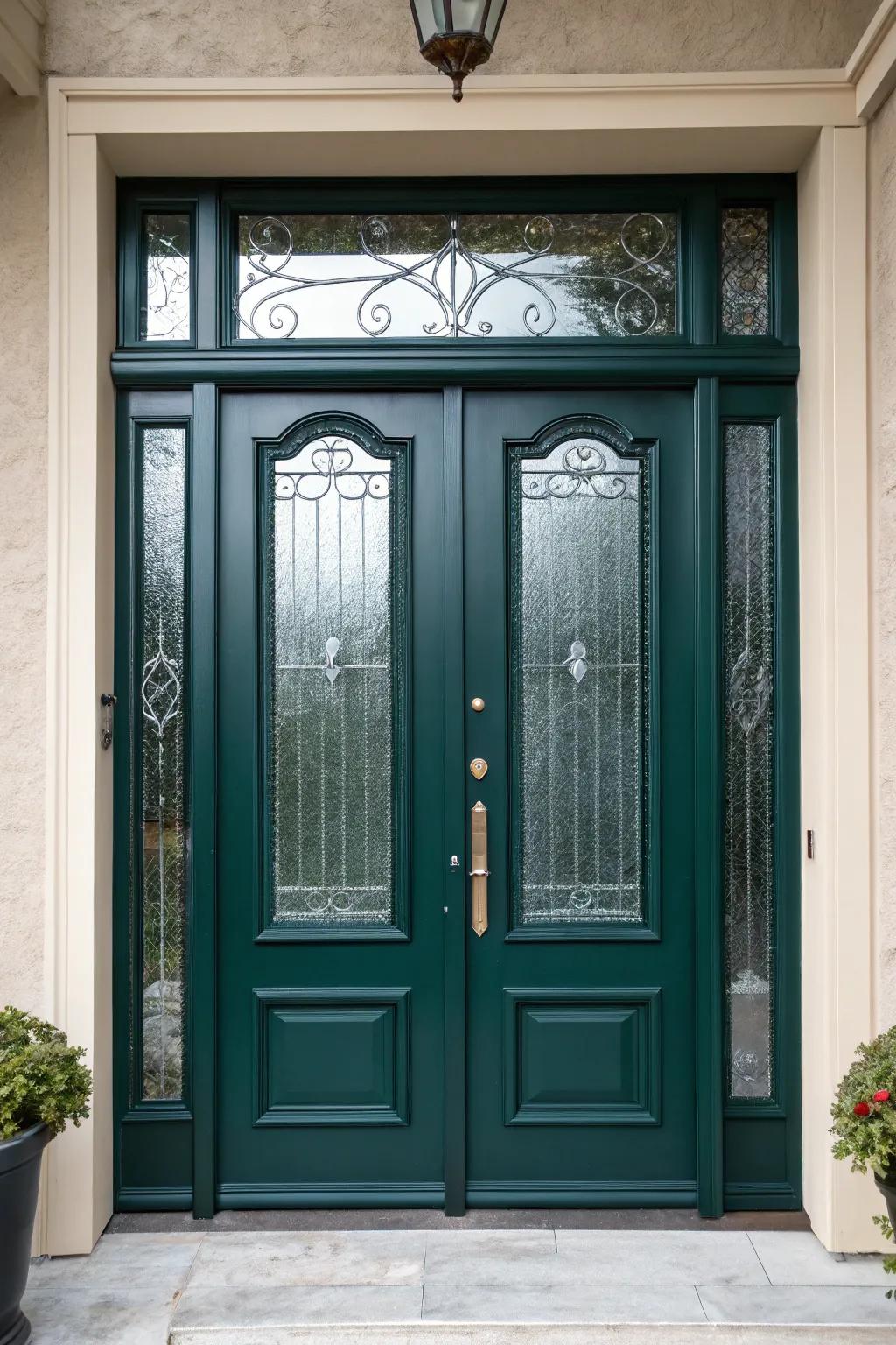 Glass inserts add elegance and allow natural light to brighten the entrance.